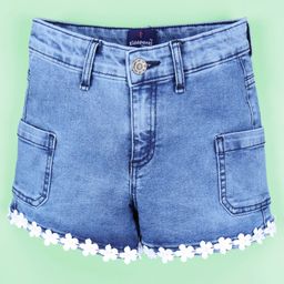 Kiddopanti Denim Floral Lace Detailed Shorts - Medium Blue-image-3