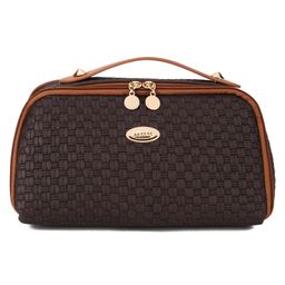 COZY VIBES Makeup Bag Organizer Cosmetic Bags for Women with Portable Handle Open Flat Toiletry Bag Grass Weaving Pattern PU Leather, Dark Brown, medium, Cosmetic Bag- PACK OF 1- COLOR MAY VARY-40