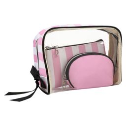 House of Quirk Makeup Bag Set for Women Portable 3 Different Sizes Toiletry Bag for Travel Daily Use for Women Girl - Pink Stripe-picture-16