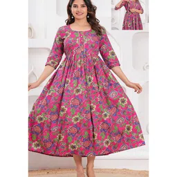 NEVISHA STYLE Cotton Woven Three Fourth Sleeves Floral Printed Maternity Kurta With Side Zipper Nursing Access - Purple & Pink-picture-5