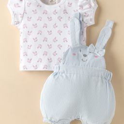 ToffyHouse Corduroy Woven Dungaree & Half Sleeves Inner Tee With Bunny Print & Embroidery - Light Blue & White-image-7