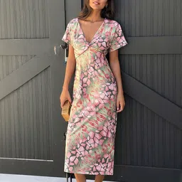 Outzidr Women Floral Print V-Neck Wrap Midi Dress-image-97