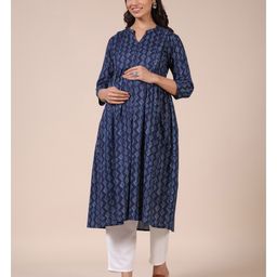 CRAFIQA Three Fourth Sleeves Abstract Printed Maternity Kurta With Concealed Zipper Nursing Access - Indigo image 5