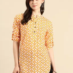 A&K Pure Cotton Geometric Print Mandarin Collar Roll-Up Sleeves Longline Top-picture-19