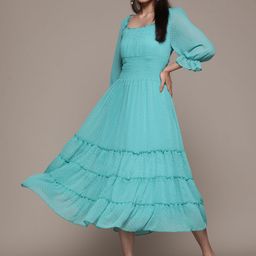 Antheaa Turquoise Blue Smocked Tiered Chiffon Midi Dress-32