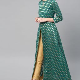 Vishudh Women Teal & Gold-Toned Self Design Kurta with Trousers-54