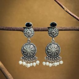 NAMAN ARTS Silver Plated Stones Studded & Beaded Oxidised Circular Drop Earrings-58