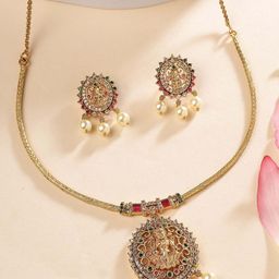 KARATCART Women Gold-Plated Lightweight Laxmi Temple Necklace & Earrings Jewellery Set-picture-24