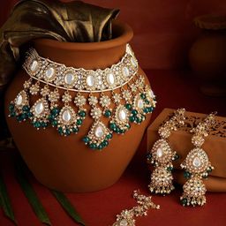 Zaveri Pearls Gold-Plated Kundan-Studded & Beaded Choker Bridal Jewellery Set-image-34