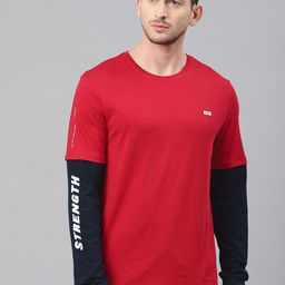 HRX by Hrithik Roshan Men RedBlack Solid Round Neck Pure Cotton T-shirt-image-3