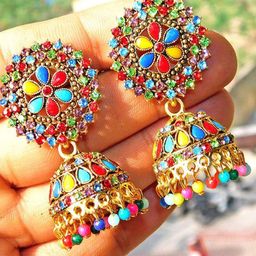 Zoey Gold-Plated Artificial Stones Studded And Beaded Dome Shaped Jhumkas-4