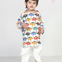 Polka Tots Full Sleeves All Over Elephant Printed Kurta With Dhoti - White-image-47