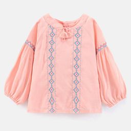 Babyhug Full Sleeves Slub Rayon Woven Top with Argyle Embroidery- Peach-image-53
