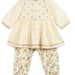 Tiber Taber Full Sleeves Chanderi Embroidered Angrakha Kurta With Floral Foil Print Salwar - Cream-picture-43