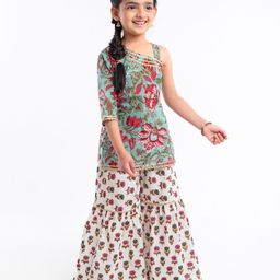 Teentaare Three Fourth Sleeves Kurti & Sharara Floral Print - Turquoise & Red-image-48