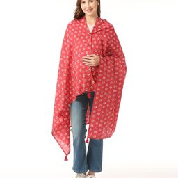 Bella Mama 100% Cotton Woven Three Fourth Sleeves Free Size Printed Poncho - Red-11