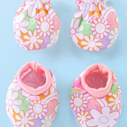 Babyhug 100% Cotton Knit Mitten & Booties Floral Print - Pink-image-4