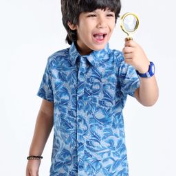 Babyhug 100% Cotton Woven Half Sleeve Regular Collar Shirt Leaves Print - Blue-image-77