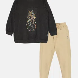 Kiddopanti Fleece Full Sleeves Abstract Printed Sweatshirt With Joggers Track Set - Antra Melange & Beige-picture-13