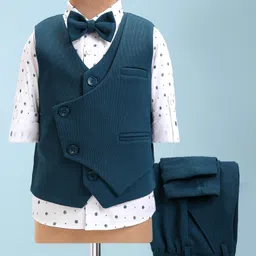 Robo Fry Cotton Woven Full Sleeves 3 Piece Printed Party Suit With Bow - Teal Blue-image-69