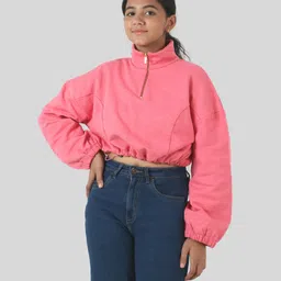 tweeny mini Cotton Full Sleeves Solid Zipper Sweatshirt - Raspberry Pink-picture-14
