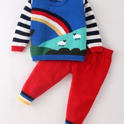 ToffyHouse Cotton Knit Full Sleeves T-Shirt & Lounge Pants Set With Farm Design - Red & Blue-image-55