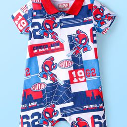 Babyhug Marvel Interlock Knit Half Sleeves Romper with Spiderman Print & Collar Detailing - Red Blue & White-image-72