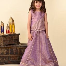 Superminis Sleeveless Gota Lace Embellished & Floral Foil Printed Coordinating Lehenga With Choli - Purple-image-60
