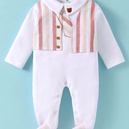 ToffyHouse 100% Cotton Woven Full Sleeves Striped Peter Pan Collared Footed Romper with Bear Embroidered - White-picture-18