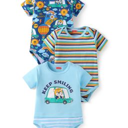 Babyhug 100% Cotton Knit Half Sleeves Striped & Tiger Printed Onesies Pack of 3 - Light Blue & Navy-image-81