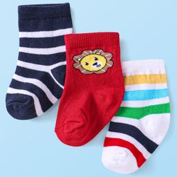 Cute Walk by Babyhug Knit Ankle Length Striped Socks With Lion Design Pack of 3 - Navy Blue Red & White-picture-3