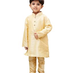 Fourfolds Cotton Full Sleeves Solid Kurta Pyjama Set - Gold-image-90
