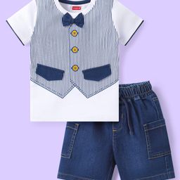 Babyhug Cotton Knit Half Sleeves Striped T-Shirt & Denim Shorts Set With Bow Applique - White & Blue-picture-15