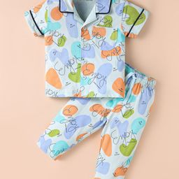 Doreme Single Jersey Knit Half Sleeves Night Suit With Enjoy Print - Light Blue-picture-26