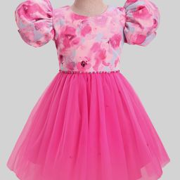 Mark & Mia Woven Half Puffed Sleeves Tie & Dye Party Dress with Diamond & Beads Embellishment - Pink-image-90