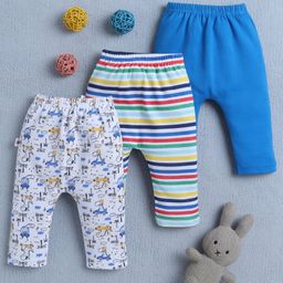 BUMZEE Cotton Pack Of 3 Striped & Dinosaurs Printed Diaper Leggings - Royal Blue & Multi Colour-image-10