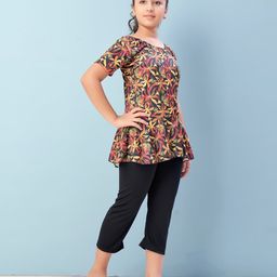 Aarika Half Sleeves Floral Printed Frock Style Swimsuit - Yellow & Black-image-34