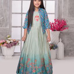 Tiny Kingdom Georgette Floral Embroidered Tropical Theme Printed Sequins Embellished Ombre Gown With Three Fourth Sleeves Jacket - Green-image-28