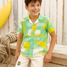 OLLINGTON ST. Cotton Knit Half Sleeves Printed Shirt & Twill Shorts Set - Multicolor & White-image-84