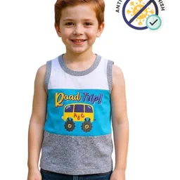 COCOON ORGANICS 100% Cotton Knit Sleeveless Anti Microbial Colour Blocked & Van Printed Stretchable Sports Tee - Sky Blue White & Grey Melange-picture-23