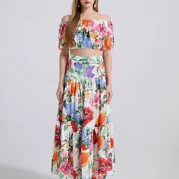 JC Collection Floral Printed Off-Shoulder Neck Top With Skirt Co-Ords-picture-21