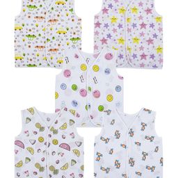 Baby Moo 100% Cotton Pack Of 5 Sleeveless Vehicles & Doodle Art Printed Jhablas - White image 3
