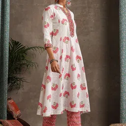 Khushal K Floral Printed Mandarin Collar Pure Cotton A-Line Kurta With Palazzos & Dupatta image 4