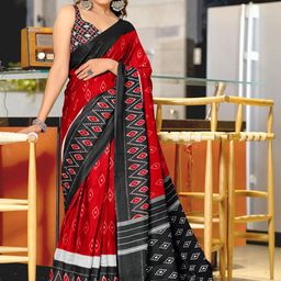 KALINI Red Soft Cotton Block Print Saree with Unstitched Blouse Piece-52