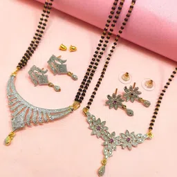 DIVYANSHI COLLECTION Women Pack of 2 American Diamond Studded Mangalsutra Set-12