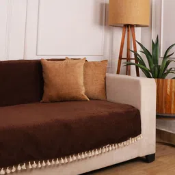 STITCHNEST Brown 1 Seater Chenille Sofa Cover-image-9