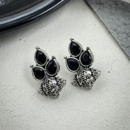 NAMAN ARTS Silver-Plated Stones Studded & Beaded Teardrop Shaped Oxidised Studs-1