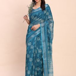 Astita Ethnic Motifs Printed Zari Border Saree with Blouse Piece-2