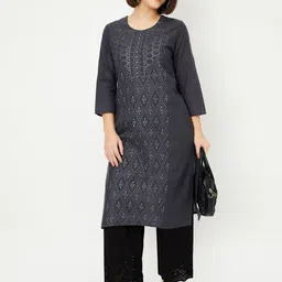 max Women Geometric Embroidered Flared Round Neck Straight Sequinned Kurta-88