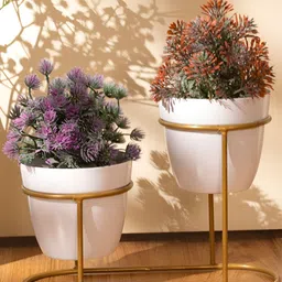 THREADVIBE LIVING 2Pcs White & Yellow Metal Pots With Double Stand-image-48